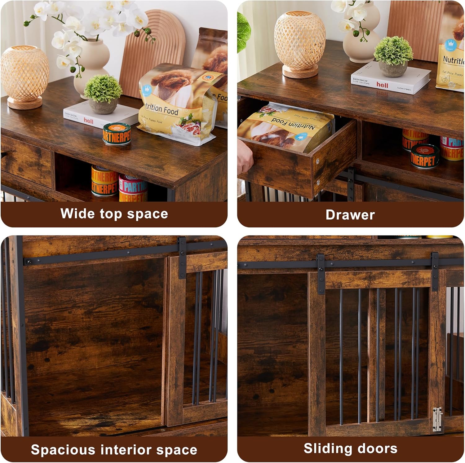Rustic Brown Wooden Dog Crate with Sliding Barn Door and Storage Drawers V639495
