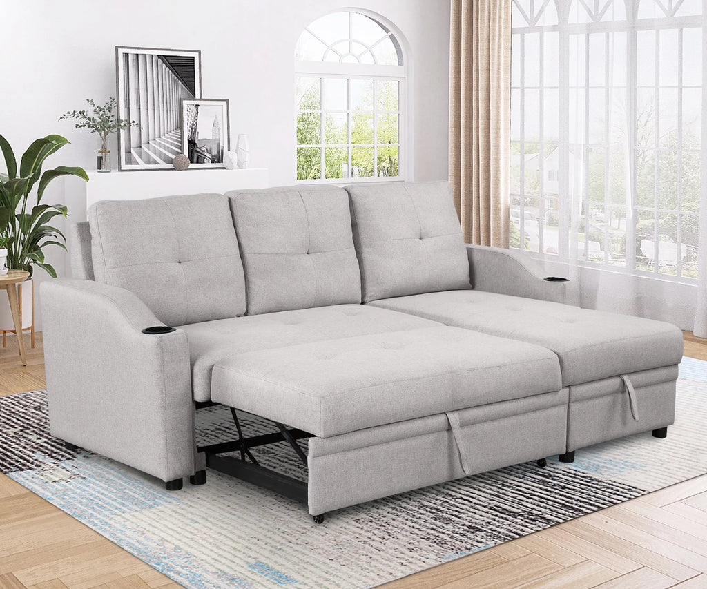 Gray Linen 3 Seater L Shape Sofa with Storage Chaise E536286