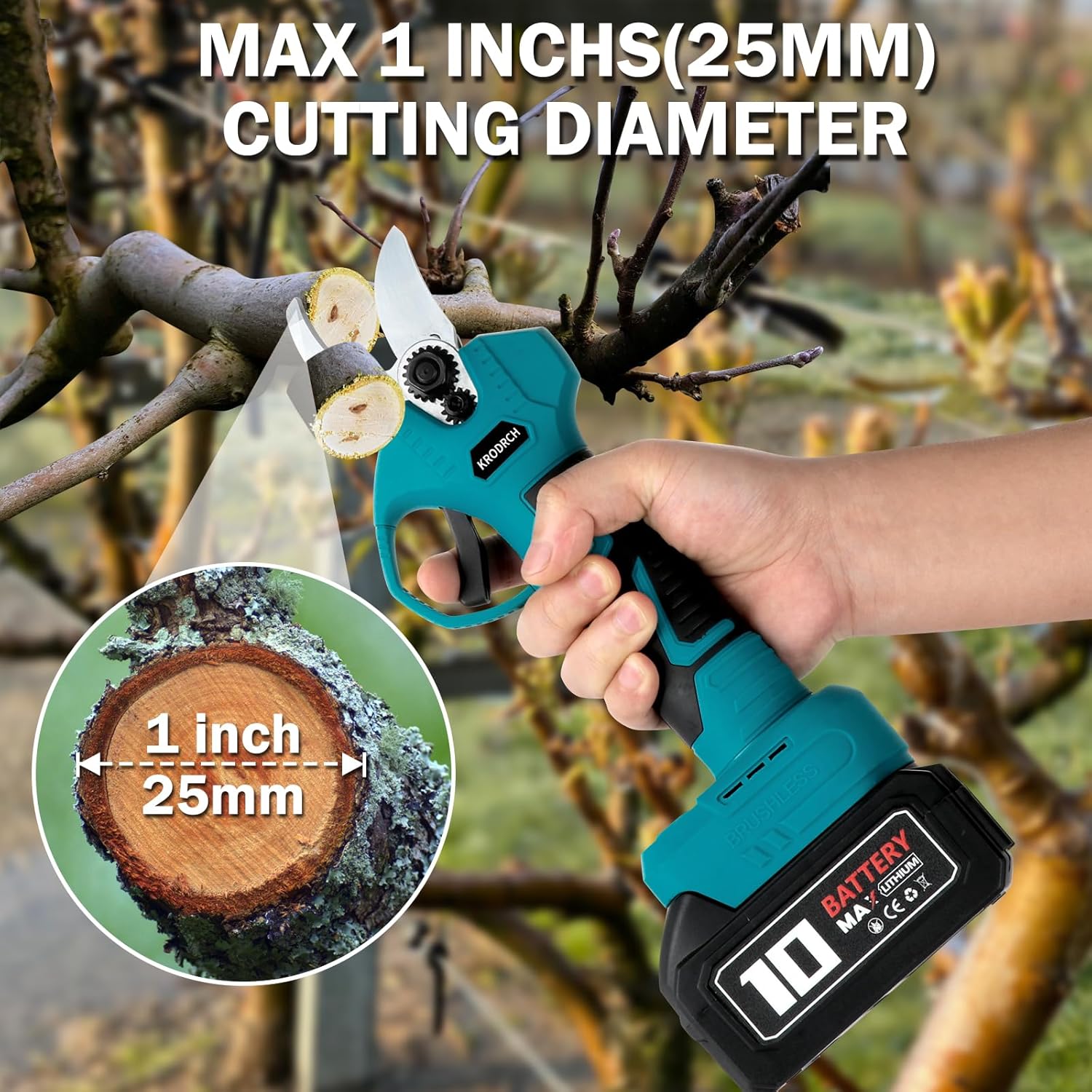 Electric Pruning Shears Cordless with 2 PCS Rechargeable 2.6Ah Lithium Battery and 3 Blades, 25mm Cutting Diameter G320