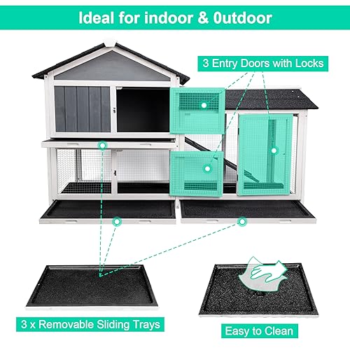 Rabbit Hutch with Running Board, Wooden Pet House with Slide and Pull-Out Tray V7119