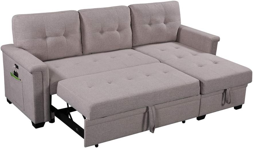 Linen Tufted Upholstered Convertible Corner Couch with Storage Chaise and Pull Out Bed, 84", Light Gray P902921