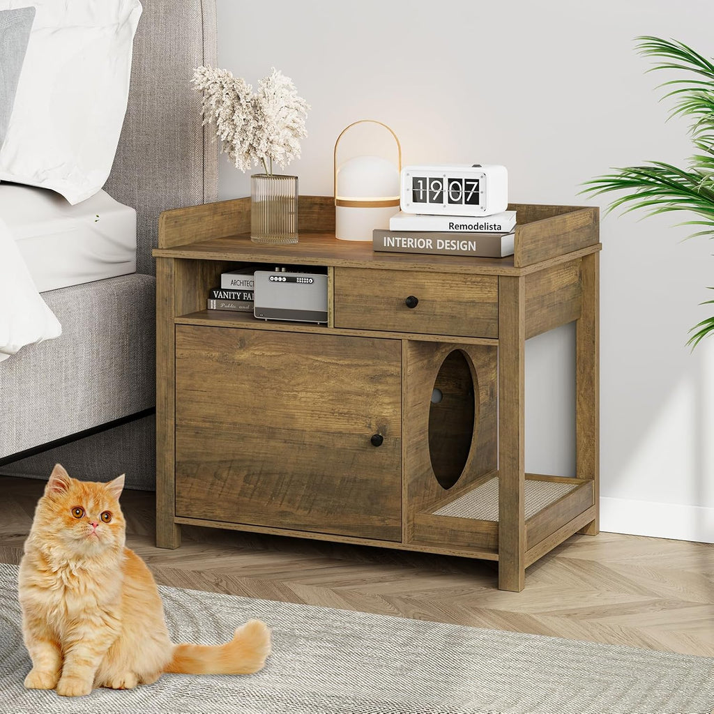 Wooden Cat Litter Box Enclosure with Shelves and Drawer E788