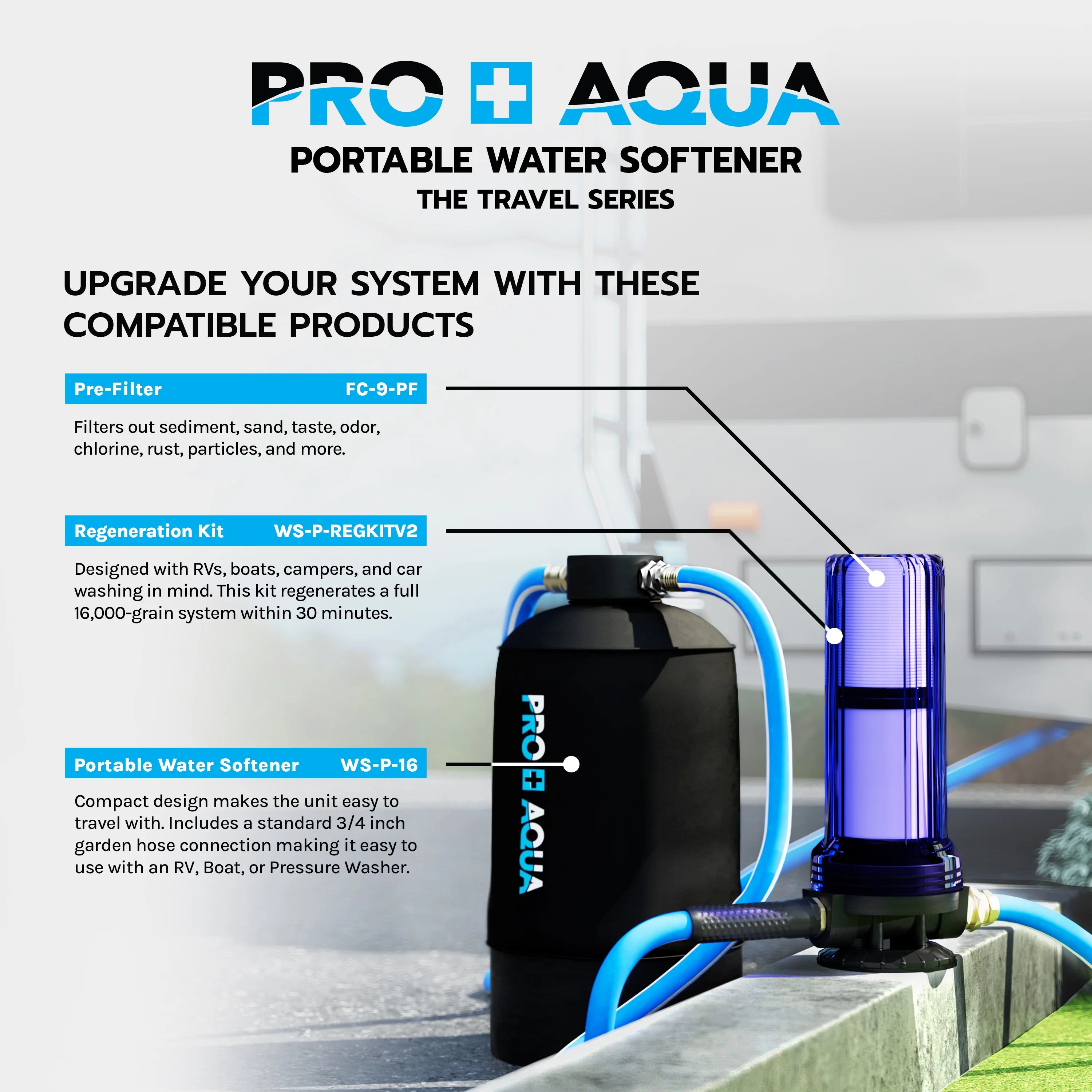 Portable RV Water Softener, 16,000 grain, Pre-filled high-capacity resin, Neoprene shield I91531