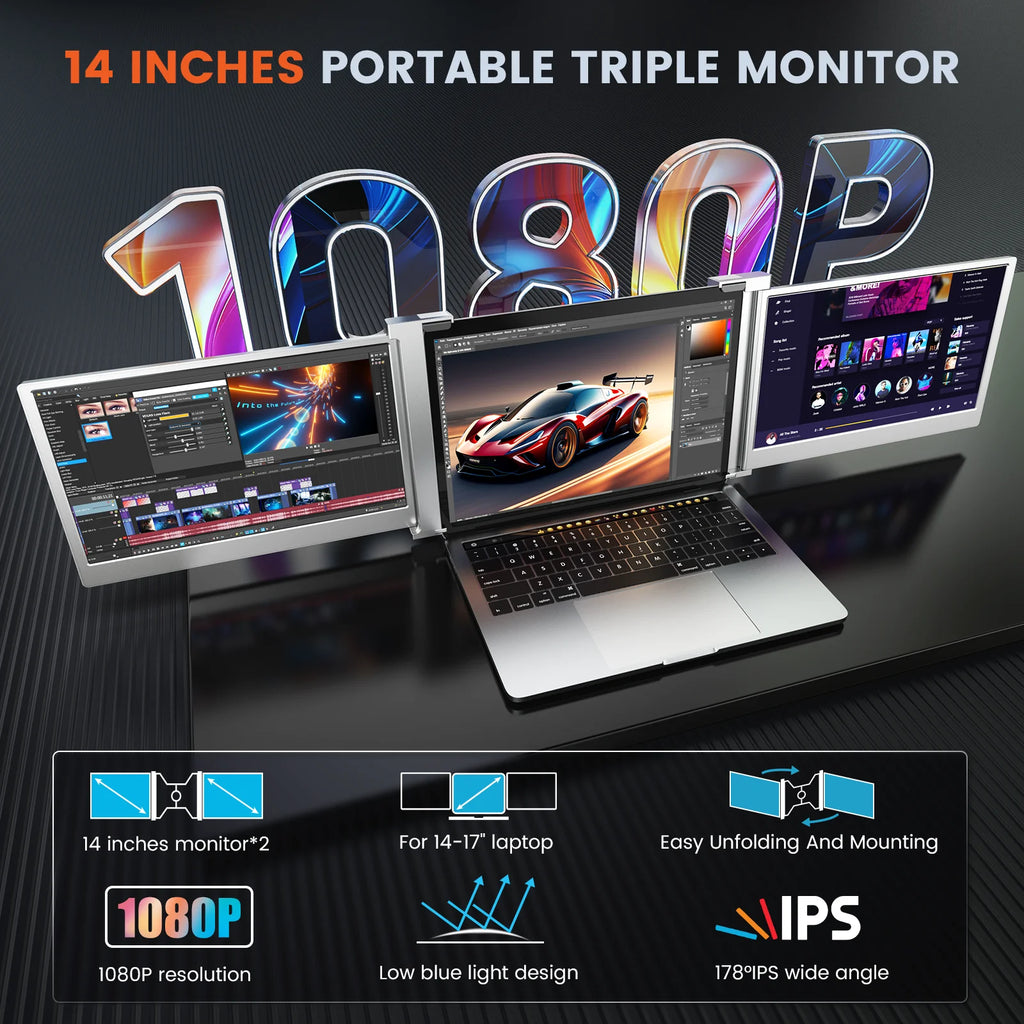 Portable Triple Monitor Extender 14inch Screen FHD 1080P IPS Folding Screen M987151