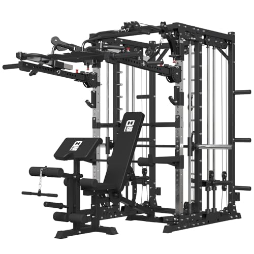 Smith Machine with Smith Bar, Power Cage Squat Rack with Lever Arm, Leg Press, LAT Pull Down System, Cable Crossover Machine V17343