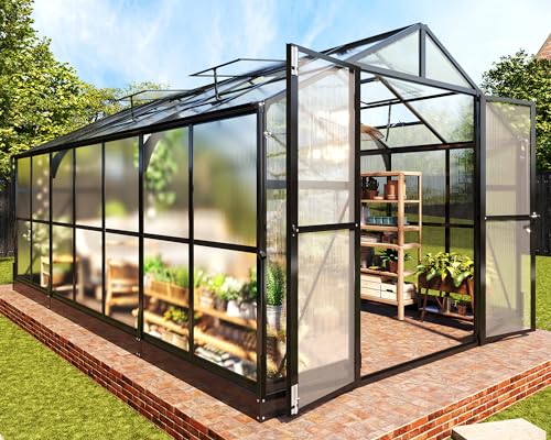 8x12 FT Polycarbonate Greenhouse with 2 Swing Doors Black E1566