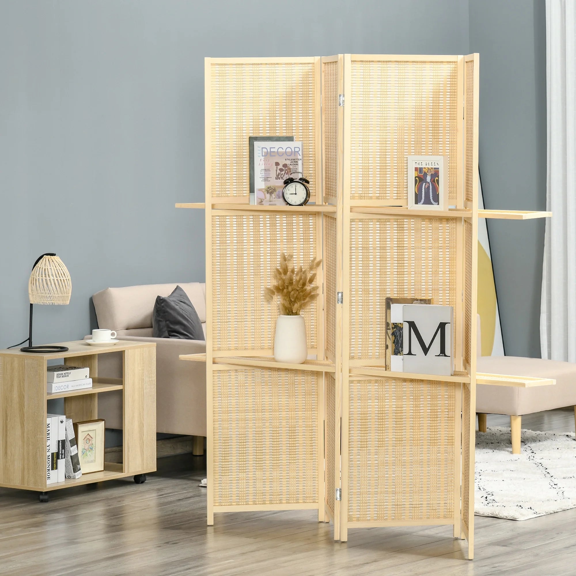 6 Ft Freestanding Bamboo Privacy Screen Panel with Storage Shelves R117