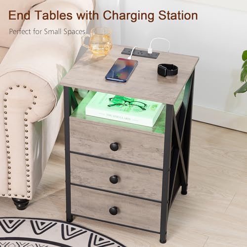 Dark Grey LED Nightstand Set 2 with Fabric Drawers M30502