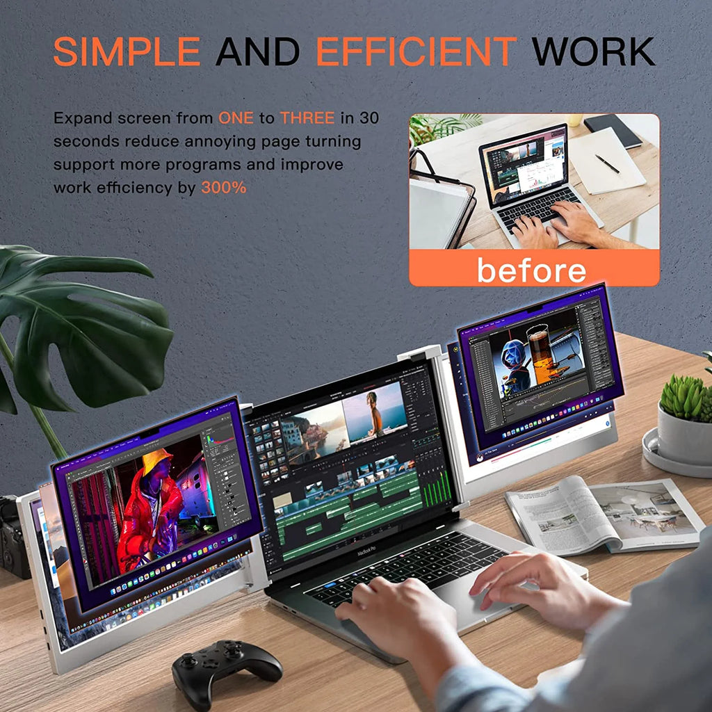 Portable Triple Monitor Extender 14inch Screen FHD 1080P IPS Folding Screen M987151