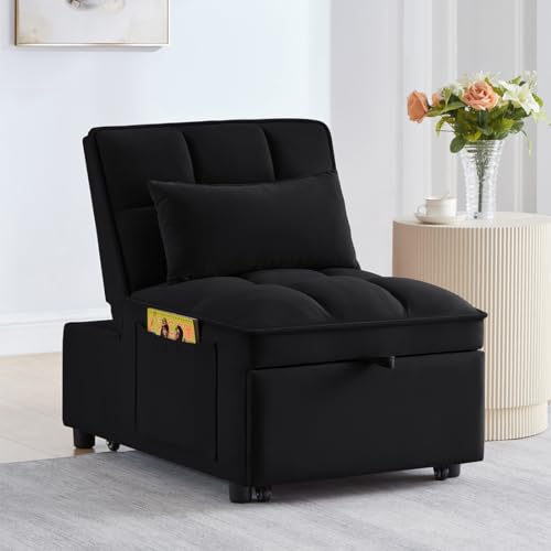 Navy Velvet Convertible Sleeper Sofa Chair with Storage Pockets W99931