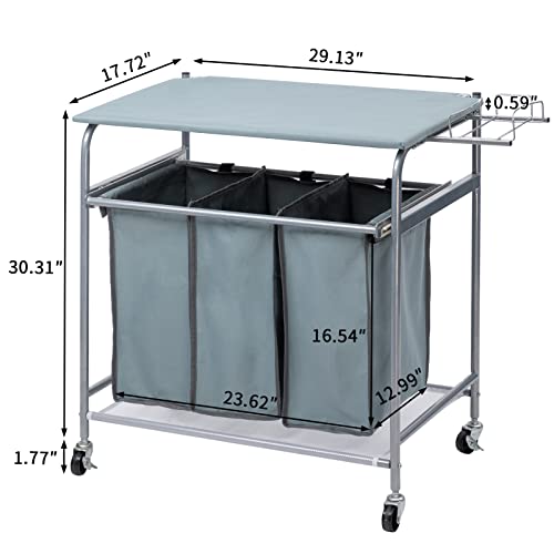 Blue Grey Rolling Laundry Sorter with Ironing Board and 3-Bag E185652