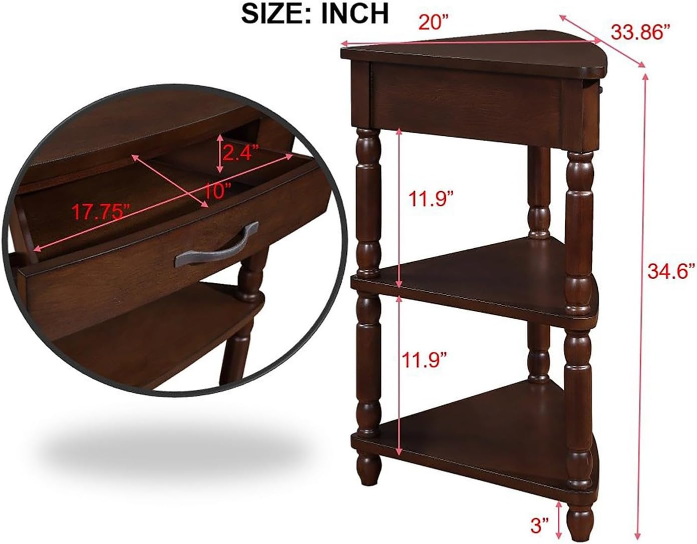 Light Espresso Wood Corner Table with 1 Storage Drawer K2081