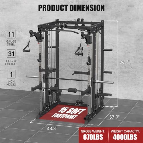 Smith Machine with Smith Bar, Power Cage Squat Rack with Lever Arm, Leg Press, LAT Pull Down System, Cable Crossover Machine V17343