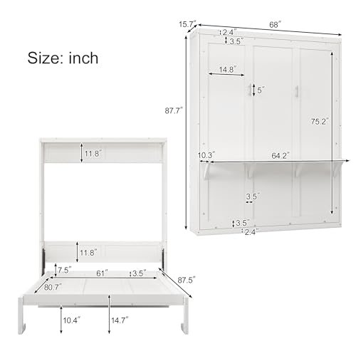 White Queen Murphy Bed with 2 Side Cabinet Storage Shelves A406915