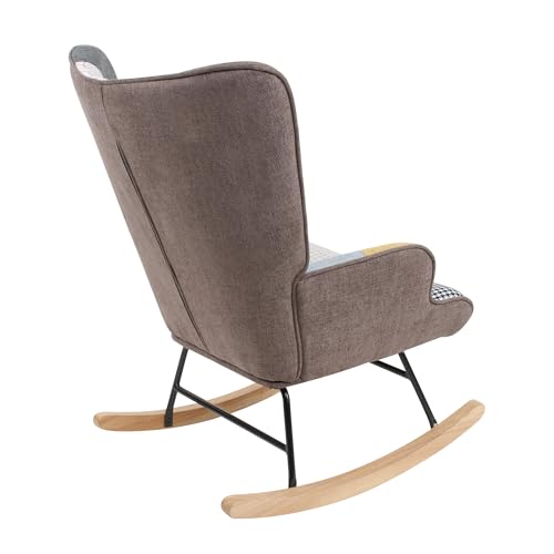 Patchwork Rocking Chair with Footstool and Pillow Fabric Upholstered High Back Lounge Chair 35''Lx 26''Wx37.8''H A390