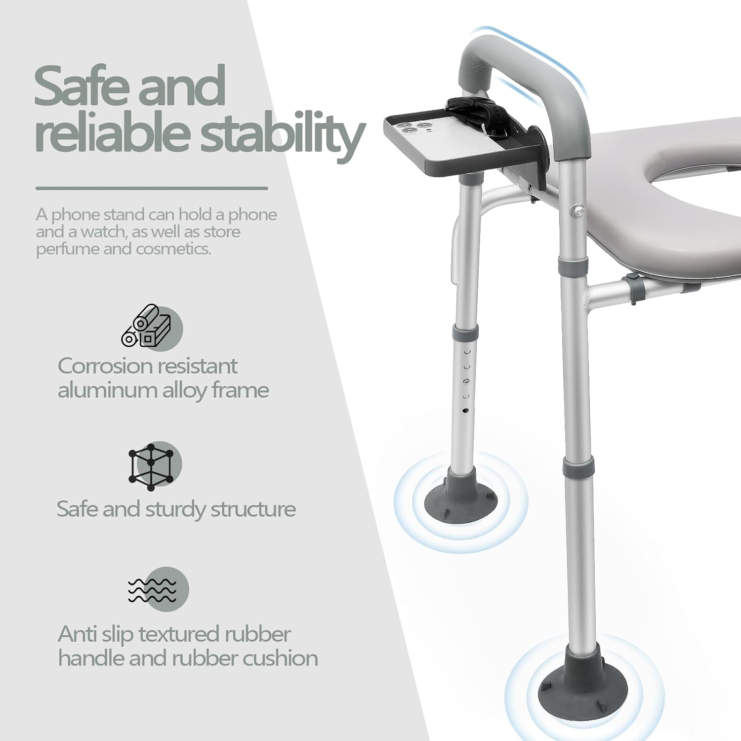 Raised Toilet Seat with Handles, Height Adjustable, Heavy Duty Padded Seat Riser, 350lbs Capacity E51650