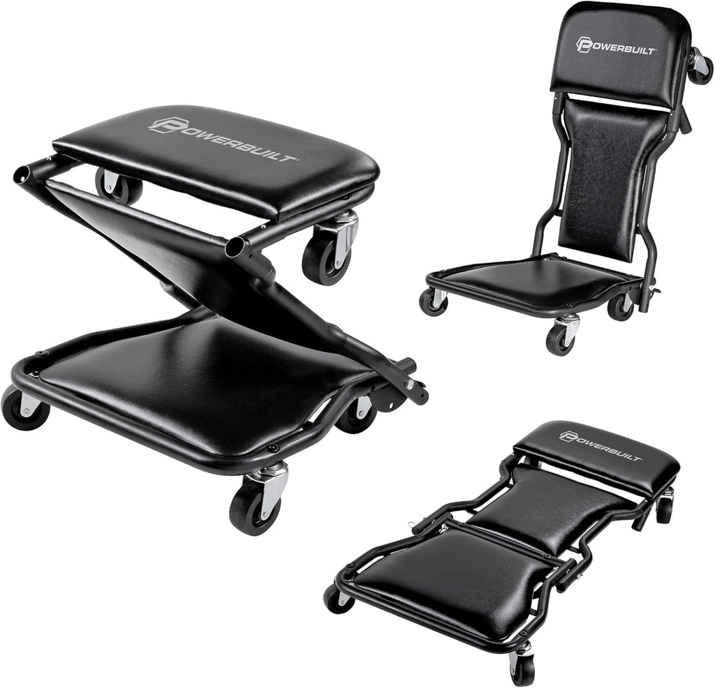 42-Inch Triplex Folding Creeper Rolling Seat Brake Stool Adjustable Roller Garage Chair Black R48980