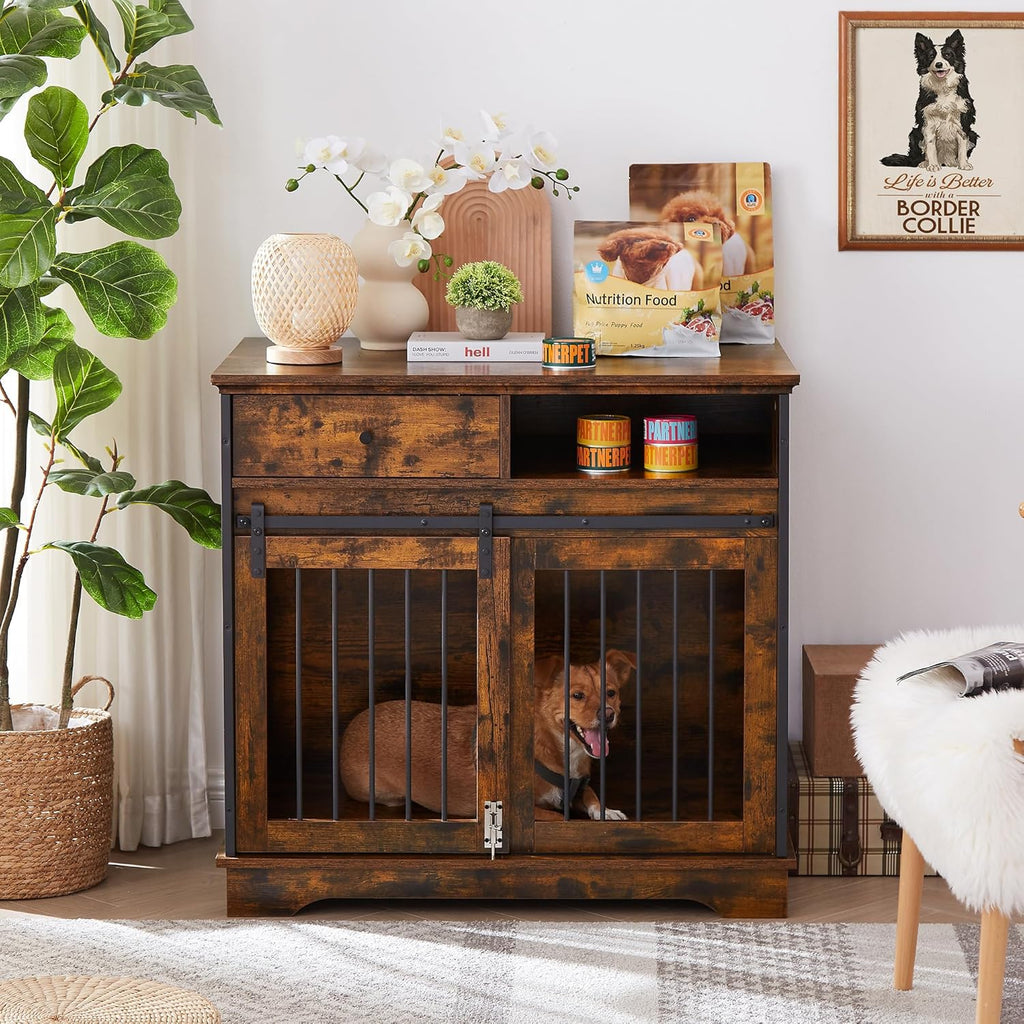 Rustic Brown Wooden Dog Crate with Sliding Barn Door and Storage Drawers V639495