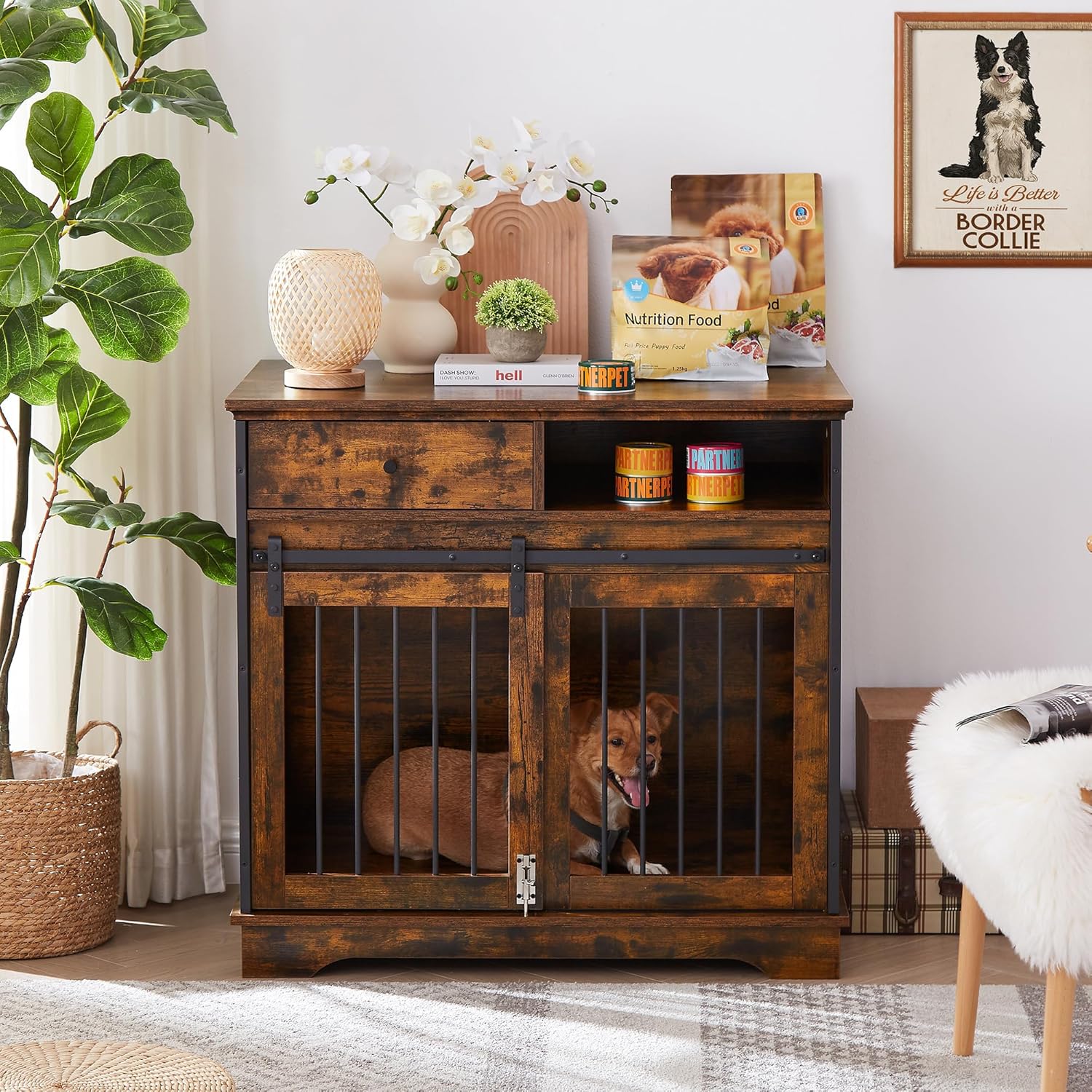 Rustic Brown Wooden Dog Crate with Sliding Barn Door and Storage Drawers V639495