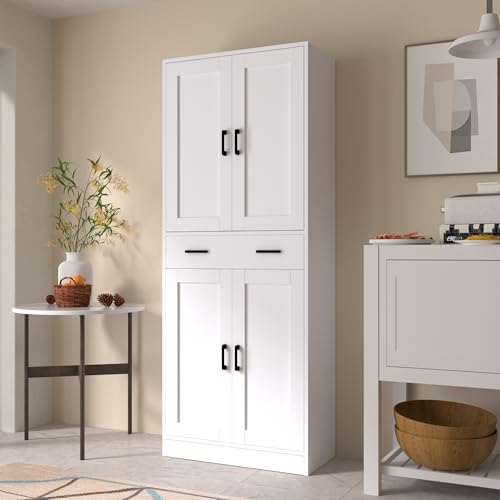 White 71" Tall Wooden Kitchen Storage Cabinet with Doors and Drawer O405