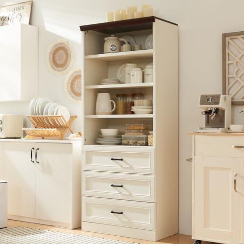 Antique White Tall Storage Cabinet with 3 Drawers and Adjustable Shelves F96942