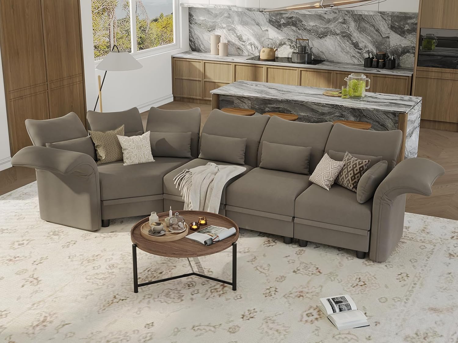 Brown Velvet Modular Sectional Sofa L Shaped Corner Couch with Storage Chaise O954