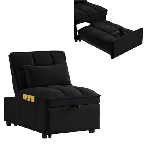 Navy Velvet Convertible Sleeper Sofa Chair with Storage Pockets W99931