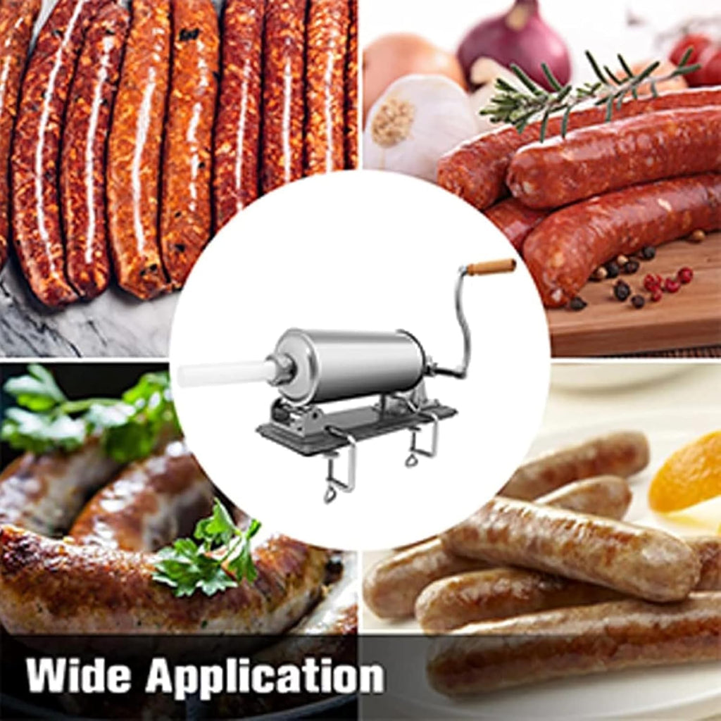 Stainless Steel Horizontal Sausage Stuffer Machine, 6LBS/3L, Manual Sausage Filler with 4 Filling Tubes D215