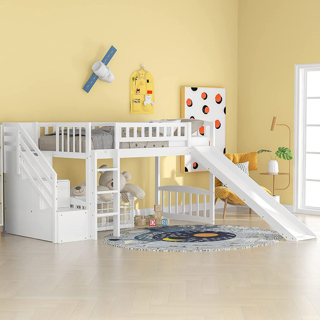 White Wooden Low Loft Bed Frame With Storage U242
