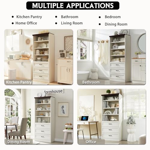 Antique White Tall Storage Cabinet with 3 Drawers and Adjustable Shelves F96942