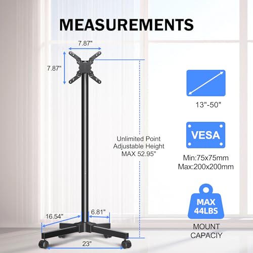 Mobile TV Carts Rotating Rolling TV Stand on Wheels for 13-50" Flat Curved TVs Height Adjustable 30° Tilt Floor TV Stand Portable Monitor Stand Holds up to 44lbs Max VESA 200x200mm M1583