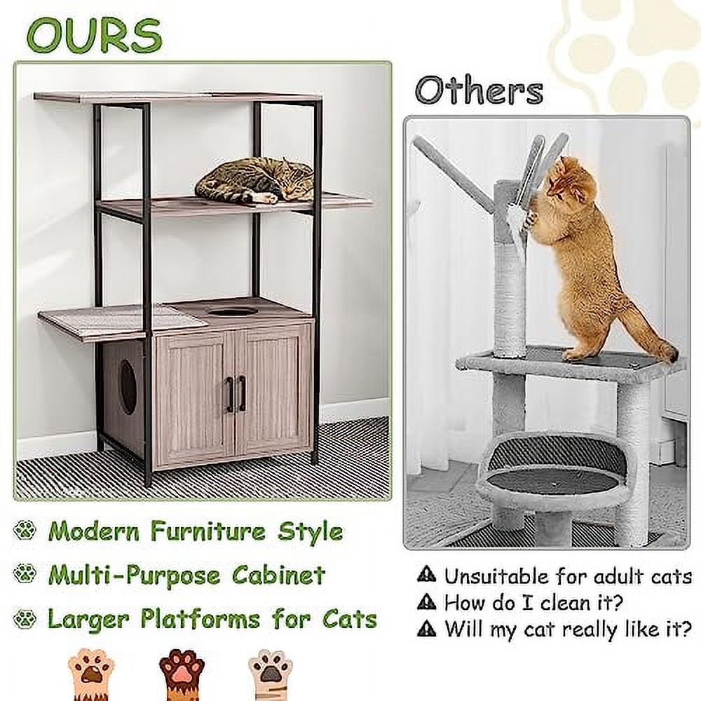 Cat Tree with Litter Box Enclosure, 3-Tier Cat Tower, 3 Removable Washable Cushions E88531