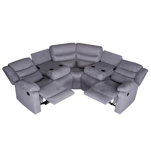 Grey Microfiber Manual Reclining Sectional Sofa with Cup Holders C231