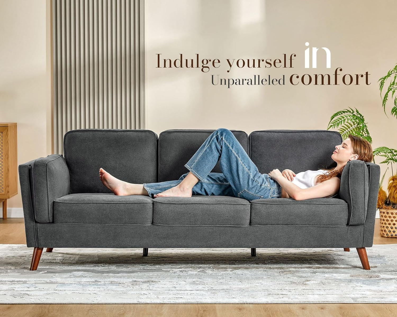87 inch Dark Grey Deep Seat Sofa with Embedded Arm Pillow N3233