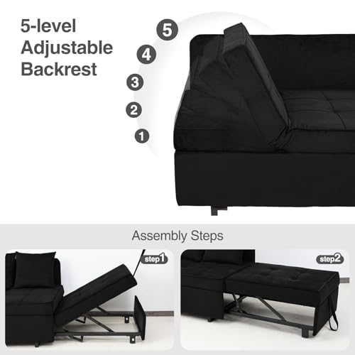 Dark Grey Velvet 4-in-1 Convertible Sofa Bed with 2 Throw Pillow R9695