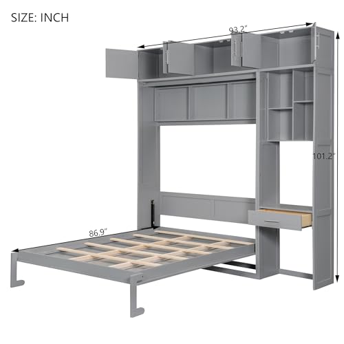 White Full Size Wood Murphy Bed with Desk and Storage Shelves A97733