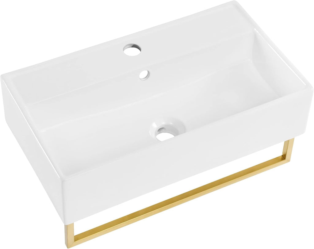 22" Wall-Mount Bathroom Sink with Brushed Gold Towel Bar Z435