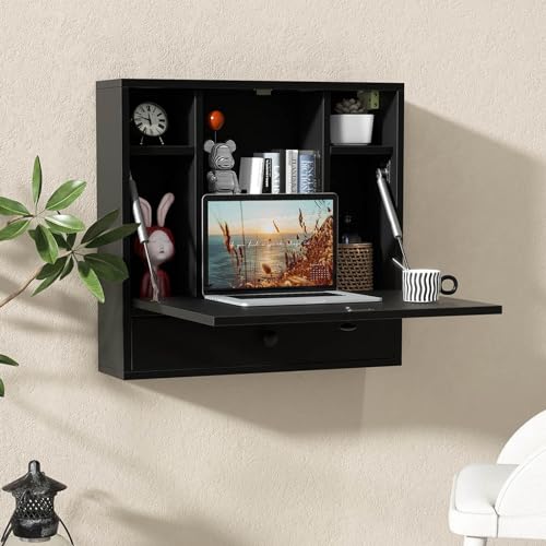White Wall Mounted Desk with Storage Drawer and Shelves C515