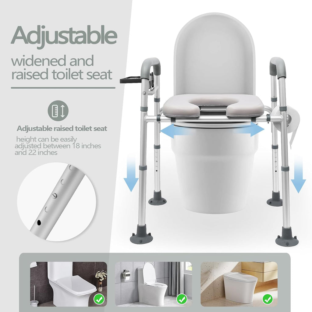 Raised Toilet Seat with Handles, Height Adjustable, Heavy Duty Padded Seat Riser, 350lbs Capacity E51650