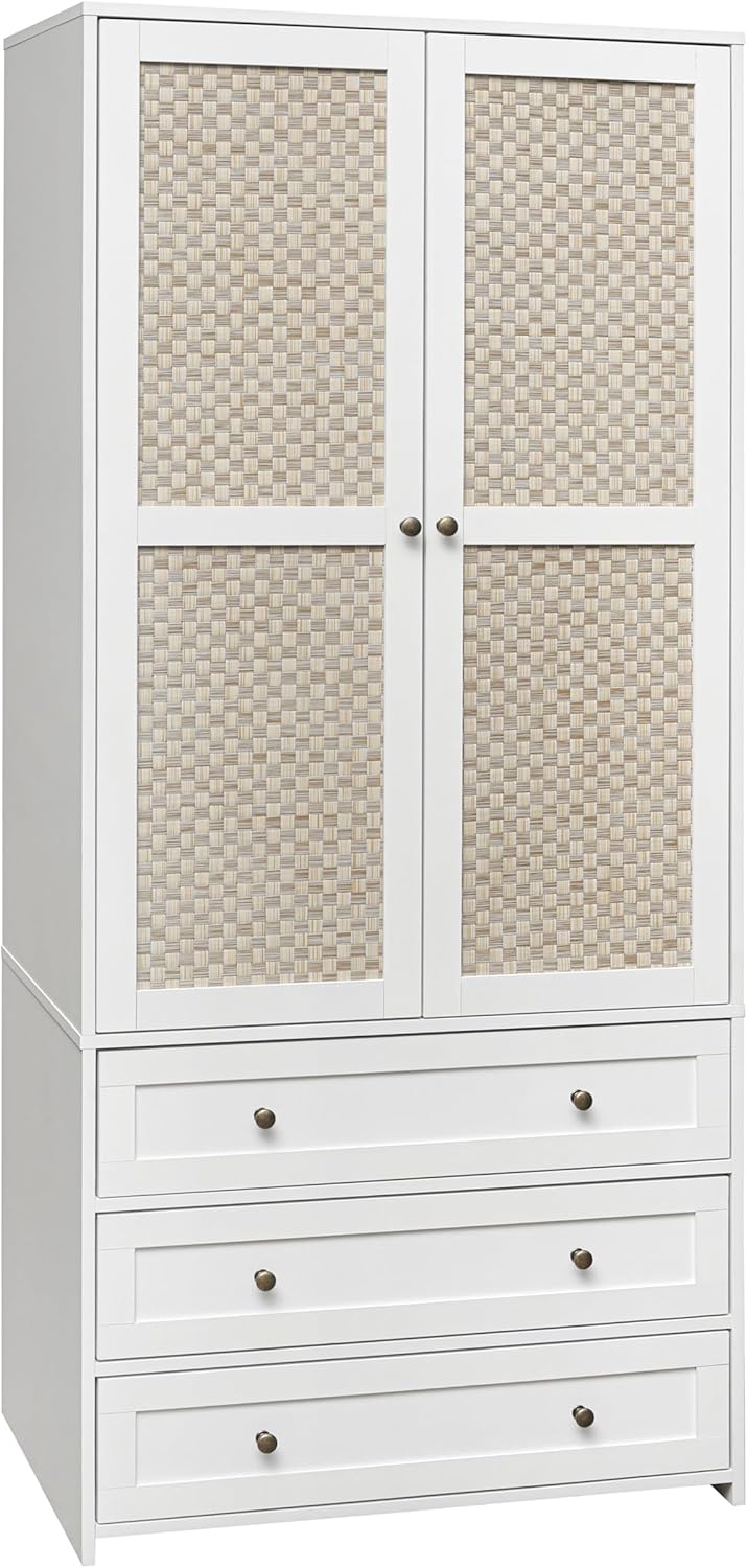 Wooden Armoire Wardrobe with Rattan Door and 3 Drawer P121709