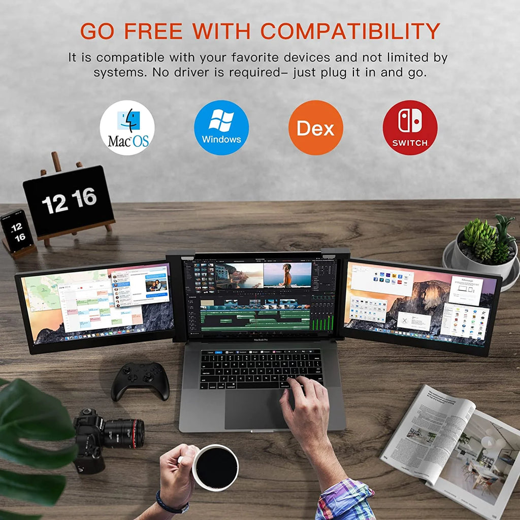 Portable Triple Monitor Extender 14inch Screen FHD 1080P IPS Folding Screen M987151