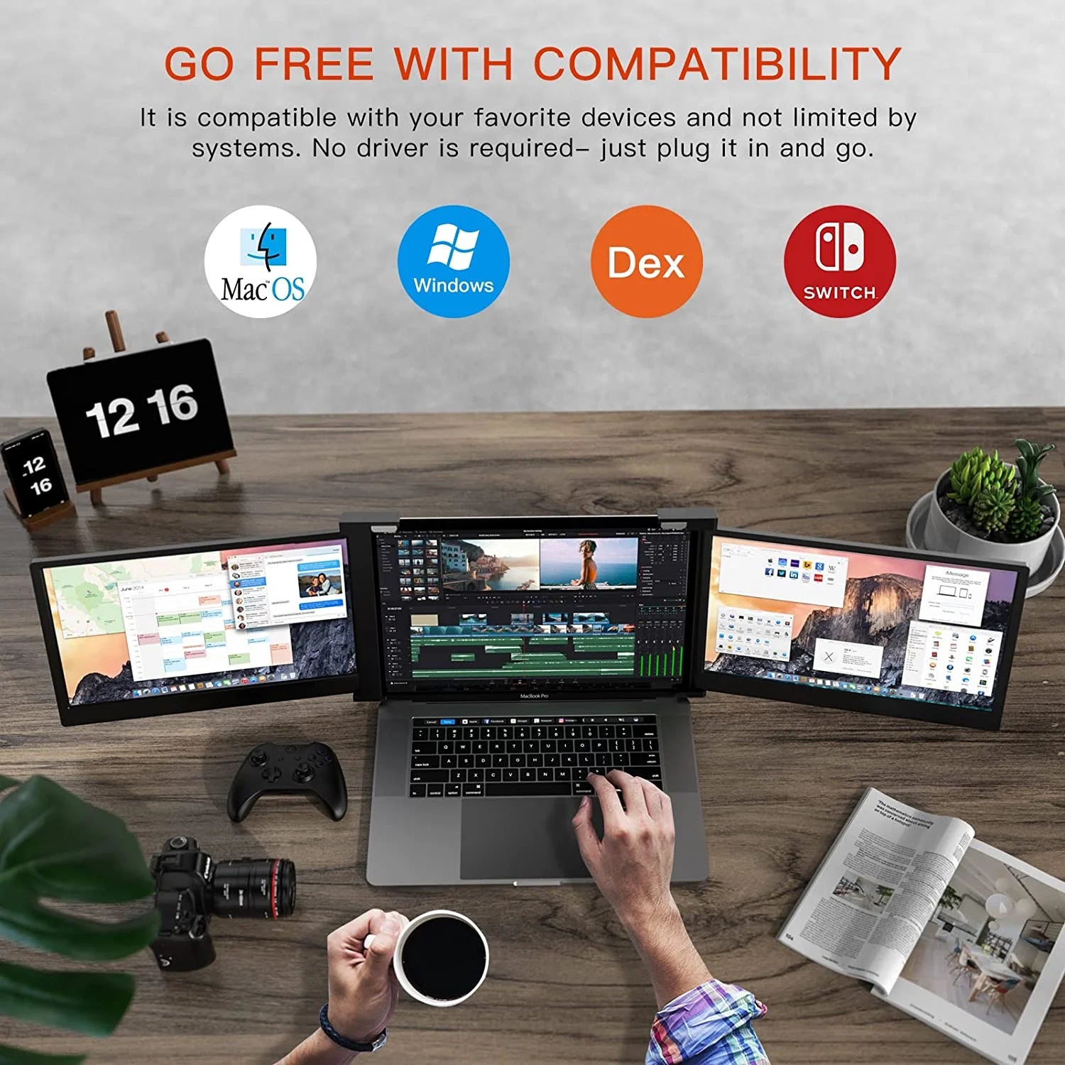 Portable Triple Monitor Extender 14inch Screen FHD 1080P IPS Folding Screen M987151