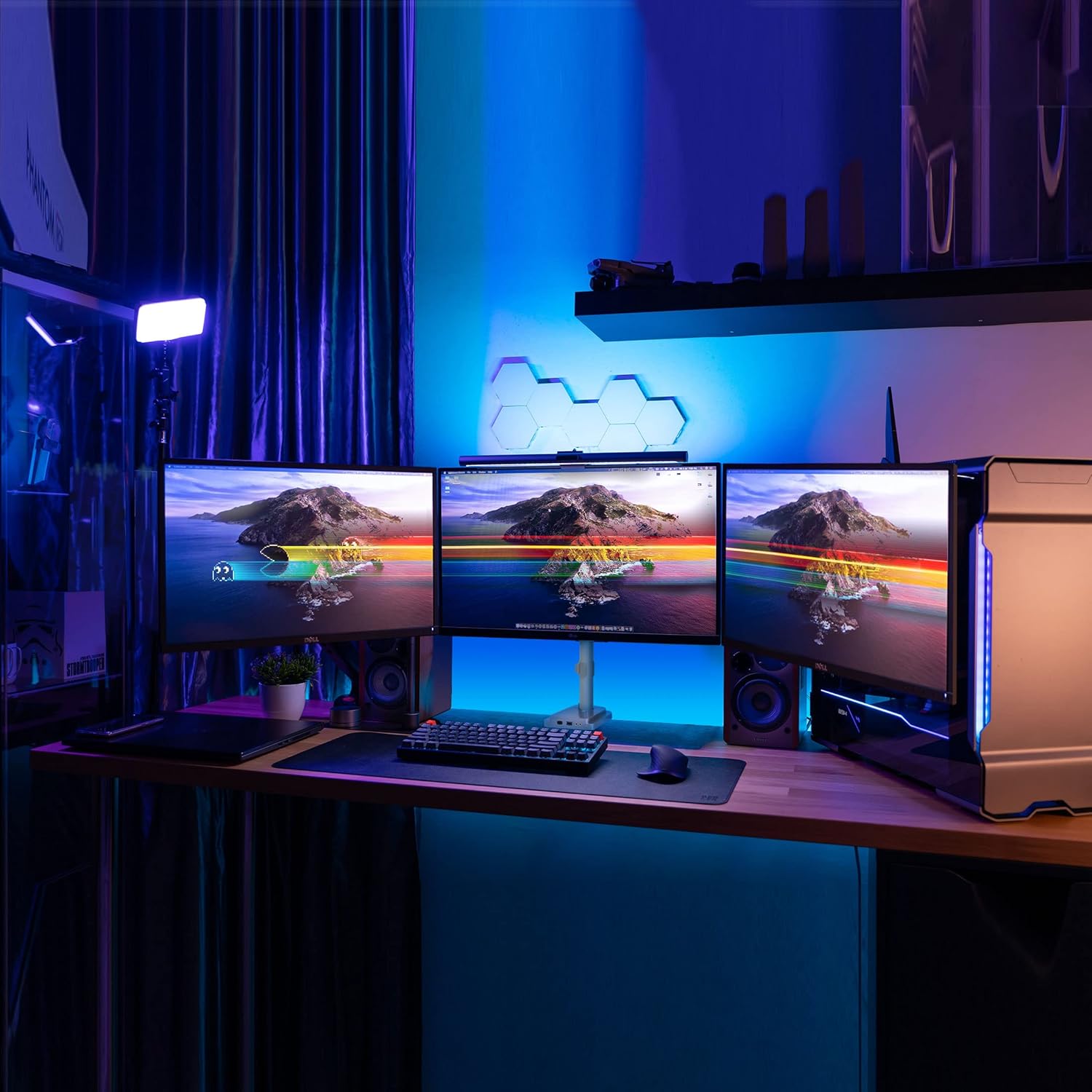 Triple Monitor Desk Mount with USB and Audio Ports, Height Adjustable for 24 27 30 32 Inch VESA Screens K9755