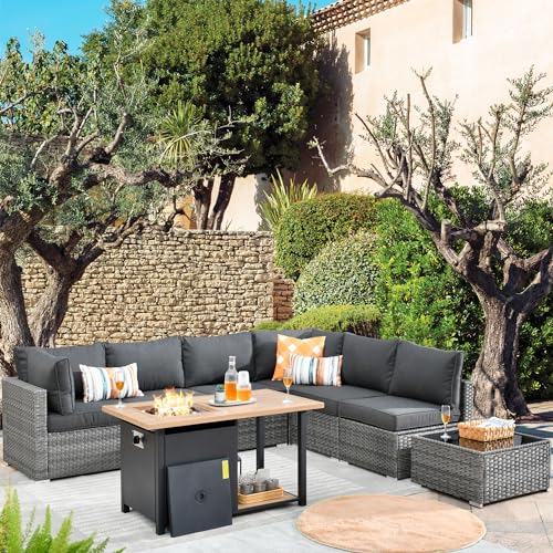 9 Piece Outdoor Wicker Patio Furniture Set with 50" Fire Table, PE Rattan Conversation Set with Swivel Chair K86976