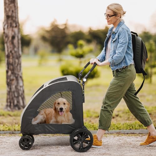 3 Wheels Foldable Pet Stroller with Cup Holder & Storage Basket (Black) T5745