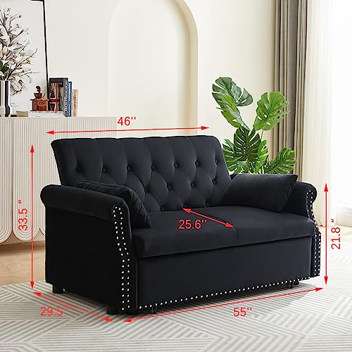 Black Velvet Convertible Sofa Bed with 2 Lumbar Pillows Z29376