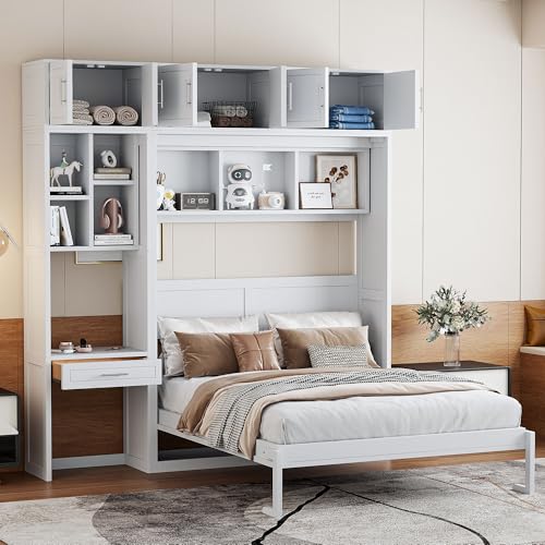 Queen Size Wood Murphy Bed with Desk and Storage Shelves W917164