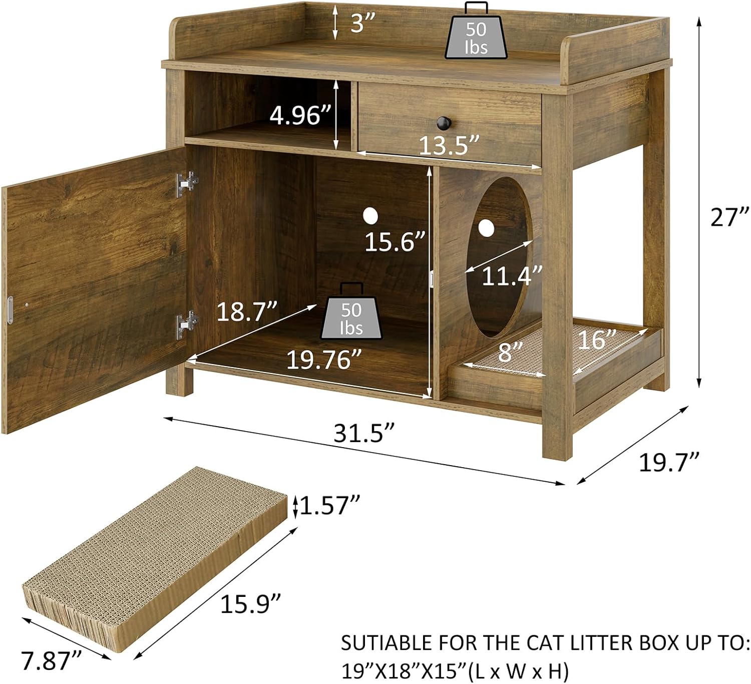 Wooden Cat Litter Box Enclosure with Shelves and Drawer E788