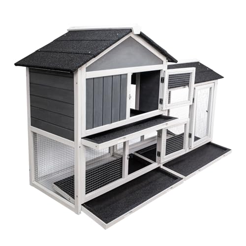 Rabbit Hutch with Running Board, Wooden Pet House with Slide and Pull-Out Tray V7119