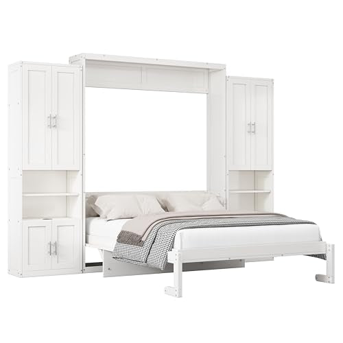 White Queen Murphy Bed with 2 Side Cabinet Storage Shelves A406915